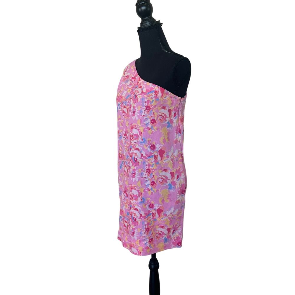 Something Navy Pink Floral Mini Dress MEDIUM One Shoulder Linen Shift Party $165 - Picture 8 of 11